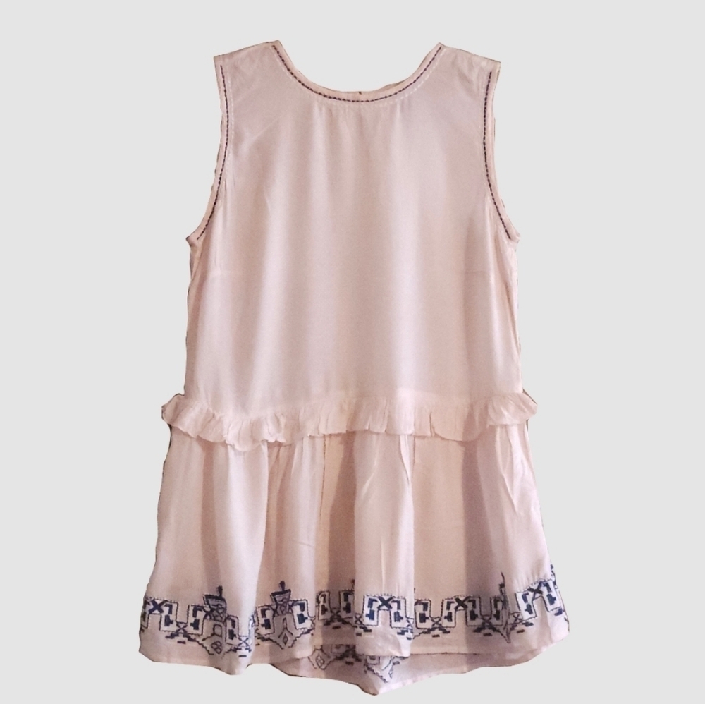 TRISTAN Soft Pink Cotton Top with Navy Stitching Small Boho Embroidery Peplum - Picture 2 of 8